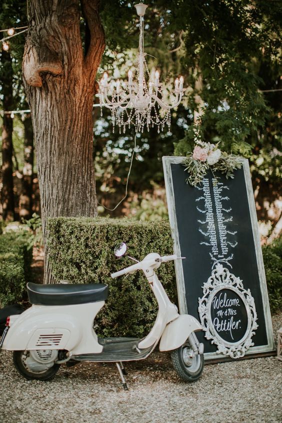 Vespa | Chalkboard Wedding Signs | Chandelier | Wedding Decor | Tuscan Wedding Planned by Romeo & Juliet Weddings | D&A Photography | Ben Walton Films